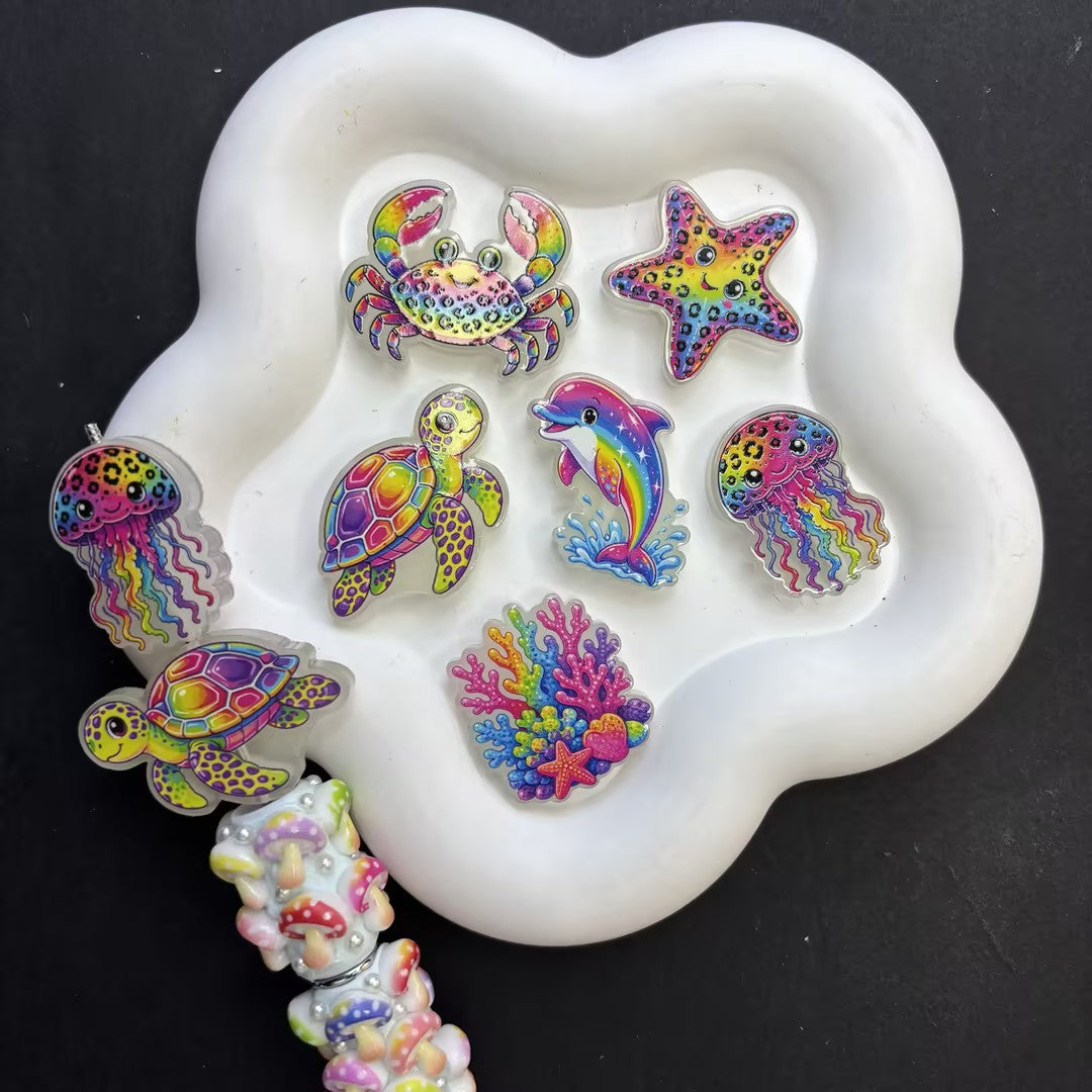 Glow in the Dark Rainbow Leopard Sea Life Focal Beads Set for Beadable Pens – Luminous Ocean Turtle, Dolphin, Jellyfish & Crab Charms