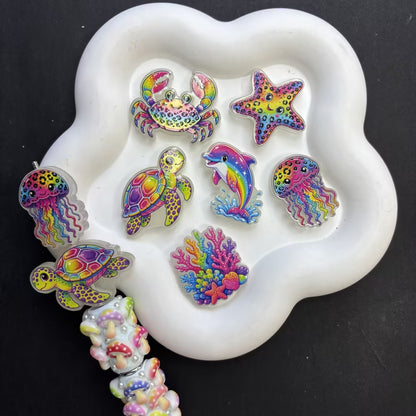 Glow in the Dark Rainbow Leopard Sea Life Focal Beads Set for Beadable Pens – Luminous Ocean Turtle, Dolphin, Jellyfish & Crab Charms