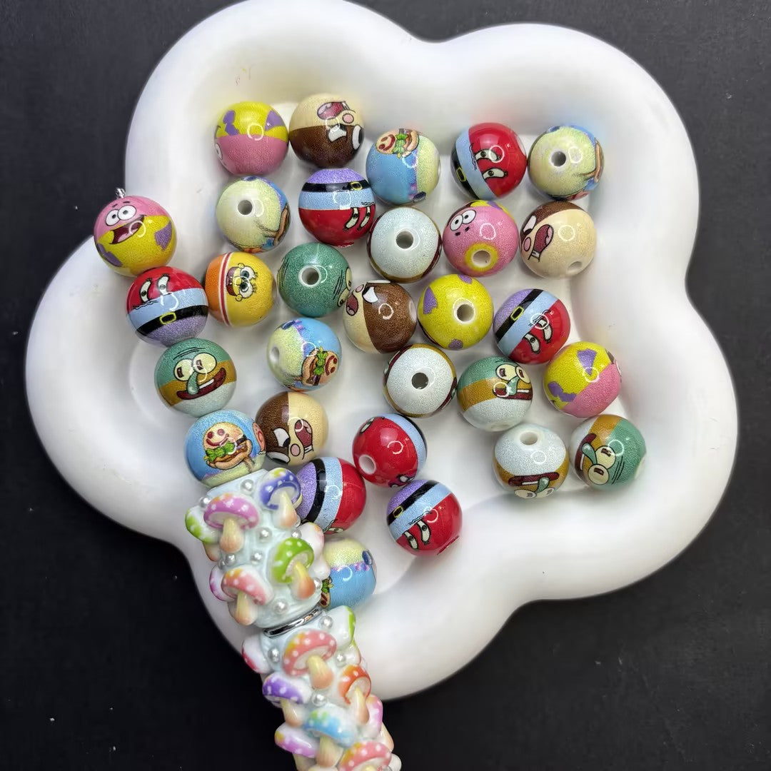 16mm Under the Sea Cartoon Printed Round Beads Bulk – Sponge, Star, Octopus & Burger Acrylic Beads for Beadable Pens & DIY Jewelry