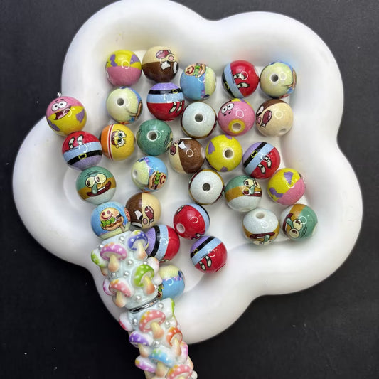 16mm Under the Sea Cartoon Printed Round Beads Bulk – Sponge, Star, Octopus & Burger Acrylic Beads for Beadable Pens & DIY Jewelry