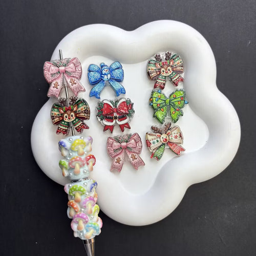 Christmas Ribbon Bow Focal Beads Set for Beadable Pens – Pink Gingerbread, Reindeer, Santa & Snowman Coquette DIY Charms