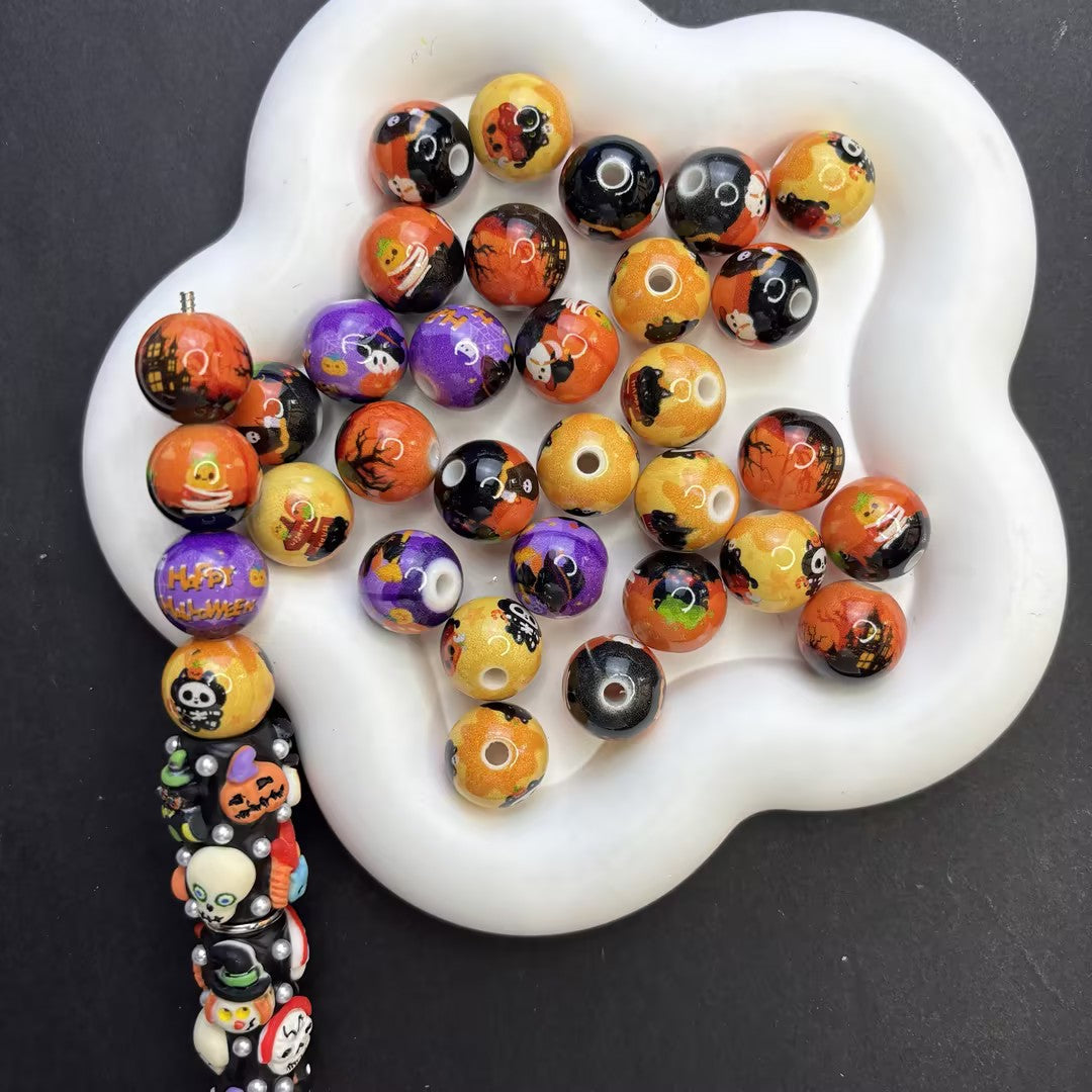 16mm Halloween Printed Round Beads Bulk – Pumpkin, Black Cat & Skeleton Bubblegum Acrylic Beads for Beadable Pens & DIY Crafts