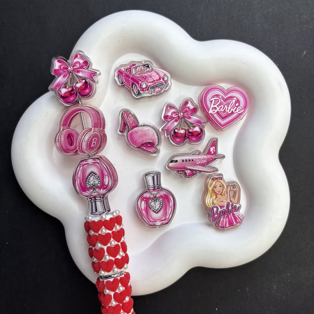Pink Fashion Doll Focal Beads Set for Beadable Pens – Barbiecore Pink Convertible, Headphones, Cherry & Perfume DIY Charms