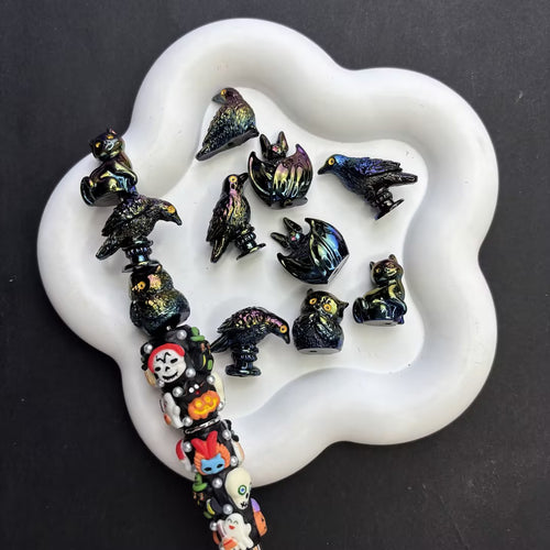 Iridescent Oil Slick Gothic Focal Beads Set for Beadable Pens – Metallic Raven, Bat, Black Cat & Owl 3D DIY Craft Charms