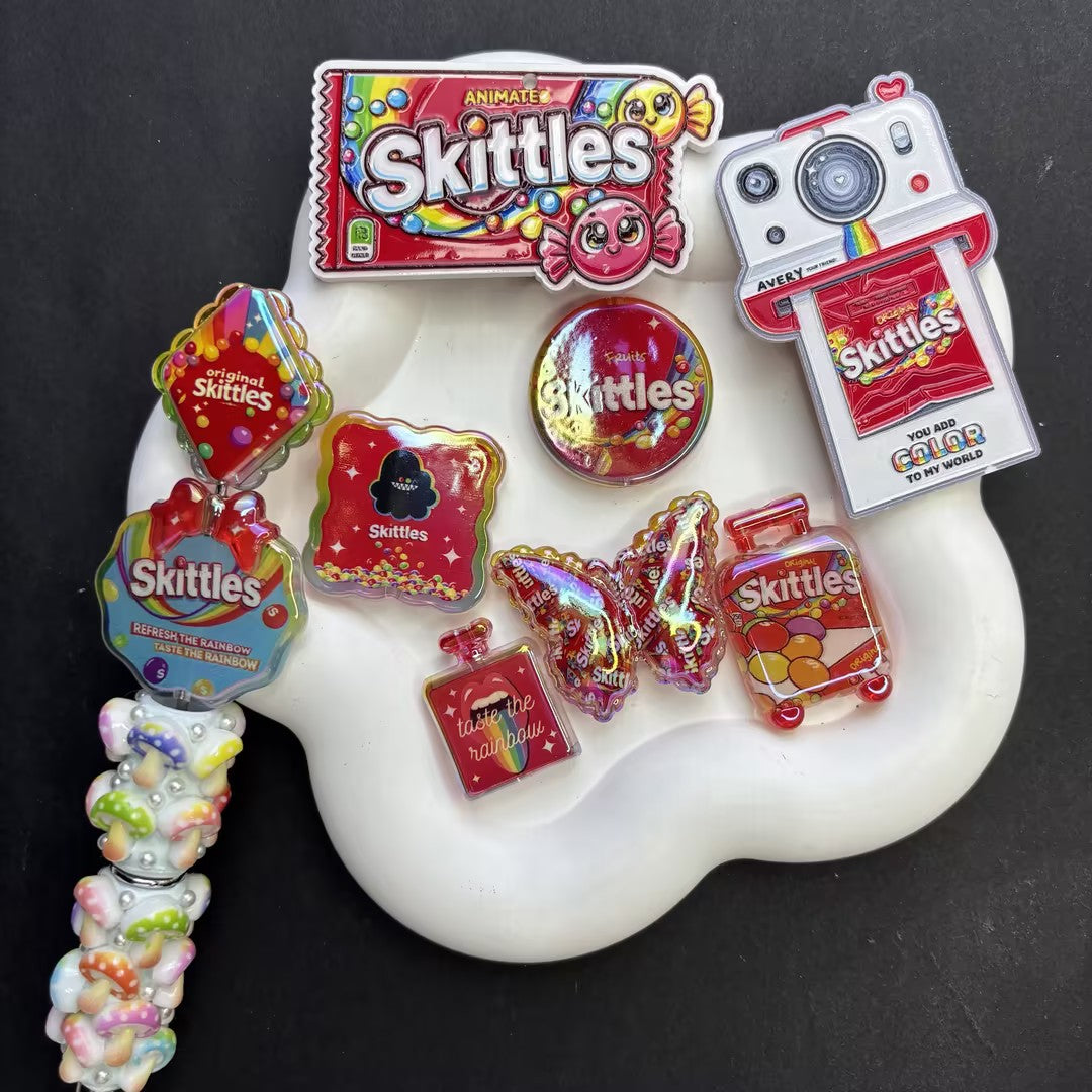 Rainbow Candy Theme Focal Beads Set for Beadable Pens – Skittles Wrapper, Polaroid Camera, Butterfly & Suitcase DIY Craft Charms