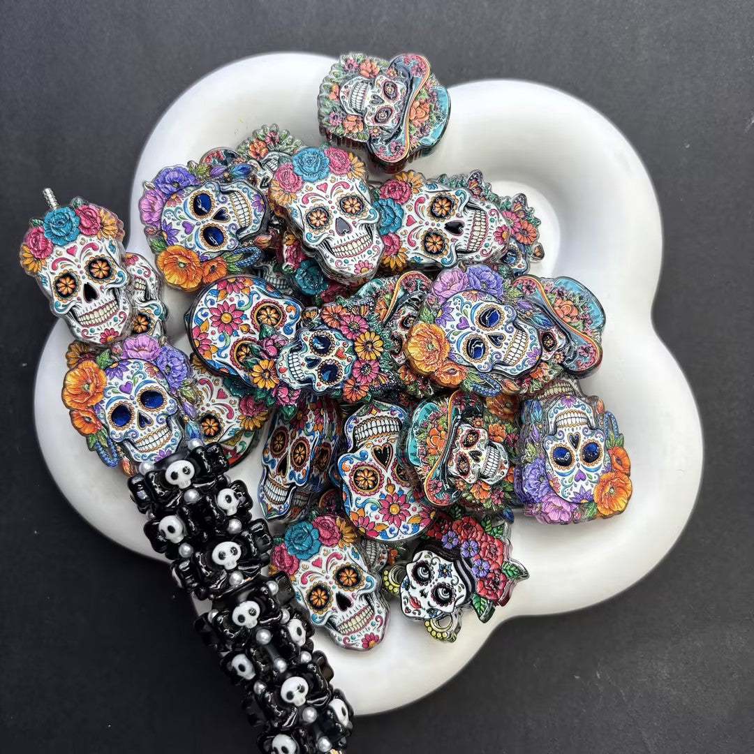 Sugar Skull Day of the Dead Focal Beads Set for Beadable Pens – Mexican Dia de los Muertos Floral Skull, Catrina & Rose DIY Charms