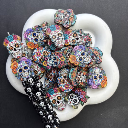 Sugar Skull Day of the Dead Focal Beads Set for Beadable Pens – Mexican Dia de los Muertos Floral Skull, Catrina & Rose DIY Charms