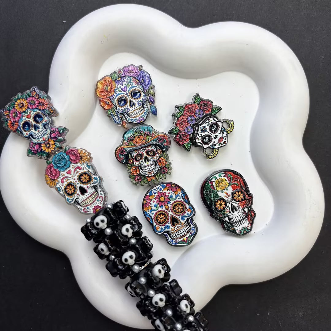 Sugar Skull Day of the Dead Focal Beads Set for Beadable Pens – Mexican Dia de los Muertos Floral Skull, Catrina & Rose DIY Charms