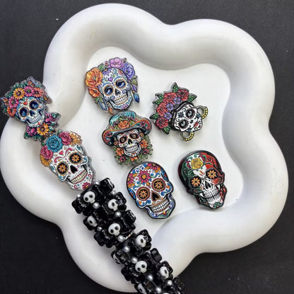 Sugar Skull Day of the Dead Focal Beads Set for Beadable Pens – Mexican Dia de los Muertos Floral Skull, Catrina & Rose DIY Charms