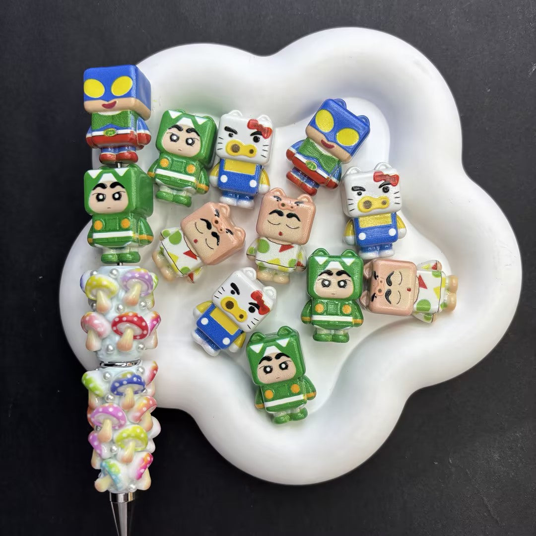 3D Cube Anime Boy Cosplay Focal Beads Set for Beadable Pens – Kawaii Action Mask, Green Dino Monster & Kitty Dress-Up DIY Charms