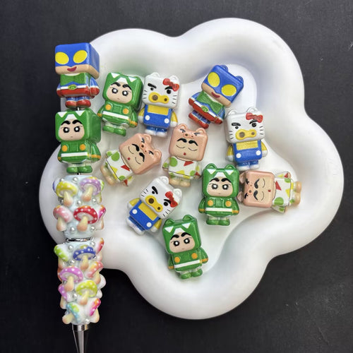3D Cube Anime Boy Cosplay Focal Beads Set for Beadable Pens – Kawaii Action Mask, Green Dino Monster & Kitty Dress-Up DIY Charms