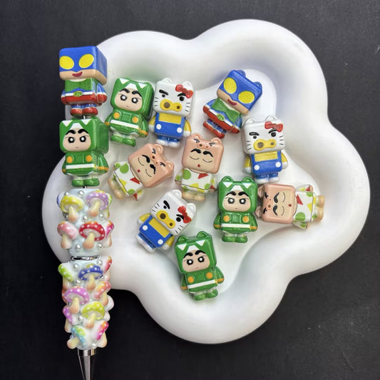 3D Cube Anime Boy Cosplay Focal Beads Set for Beadable Pens – Kawaii Action Mask, Green Dino Monster & Kitty Dress-Up DIY Charms