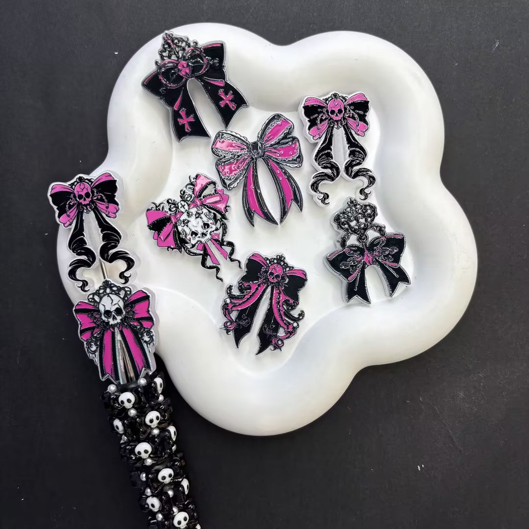 Hot Pink & Black Gothic Skull Bow Focal Beads Set for Beadable Pens – Pastel Goth Skull, Crown & Cross Ribbon DIY Charms