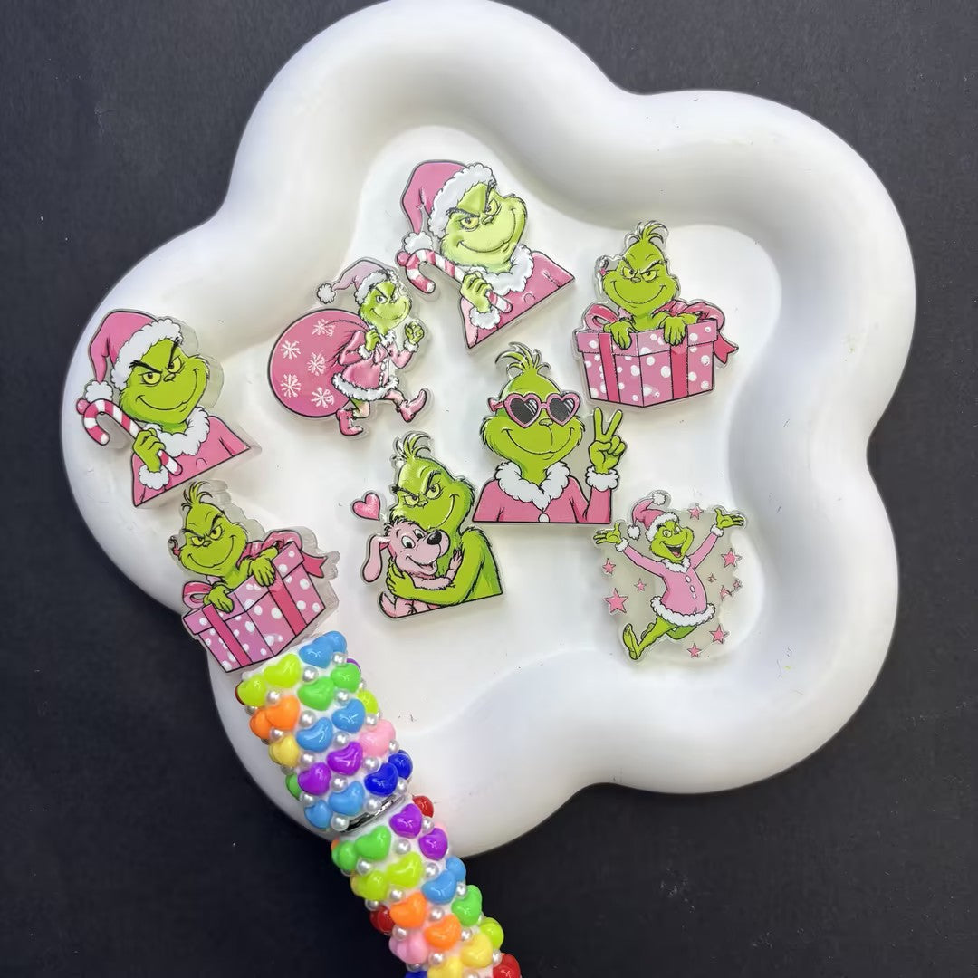 Glow in The Dark Pink Grinch Focal Charms - Pink Christmas Acrylic Flatbacks for DIY Bead Pens & Holiday Crafts