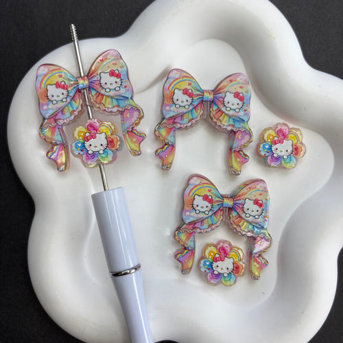 Rainbow Kitty Bow Focal Beads Colorful Flower Kitty Acrylic Beads for Beadable Pens DIY Crafting