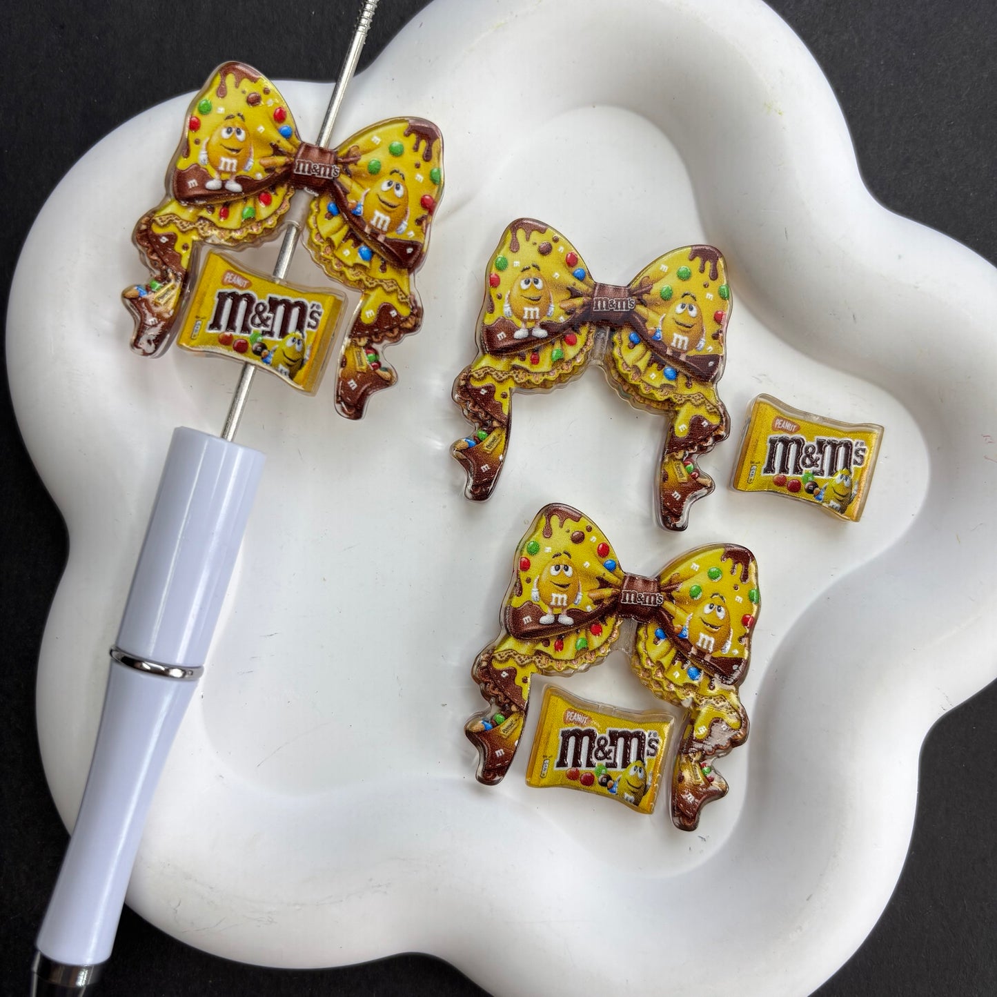 M&M's-inspired Chocolate Candy Bow Focal Beads Yellow Peanut Candy Bag Acrylic Beads for Beadable Pens DIY Crafting