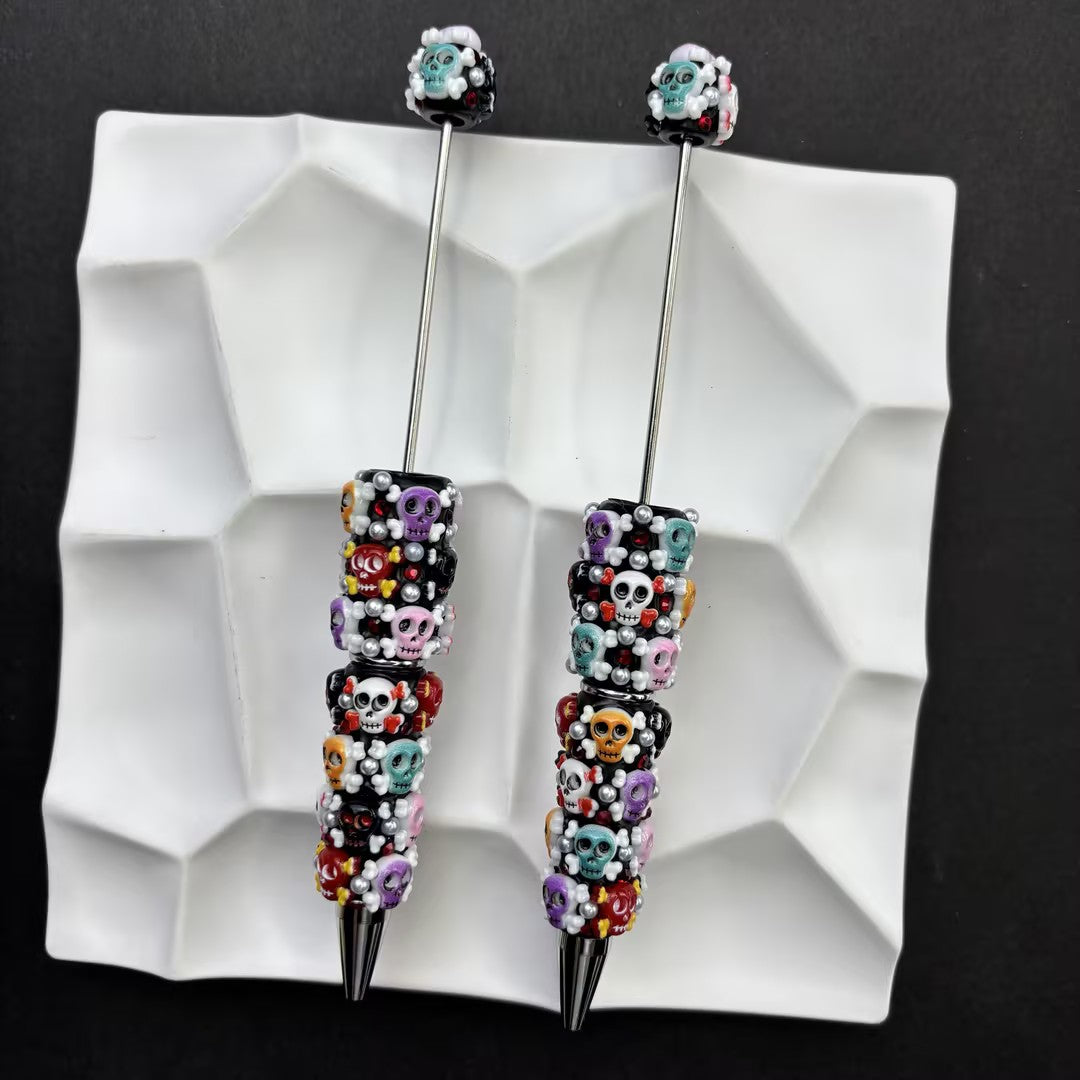 Handcrafted Skull Beaded Pens – Halloween Gothic Beaded Ballpoint Pens with Rhinestone & Pearl Accents, Unique Spooky Gift Idea
