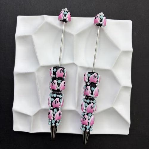 Pink Ghost Beaded Pens – Handcrafted Pastel Goth Halloween Ballpoint Pens with Pearl & Rhinestone Accents, Cute Spooky Gift