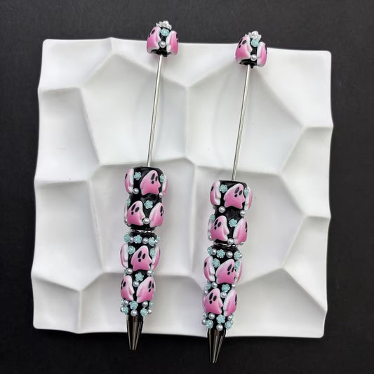 Pink Ghost Beaded Pens – Handcrafted Pastel Goth Halloween Ballpoint Pens with Pearl & Rhinestone Accents, Cute Spooky Gift
