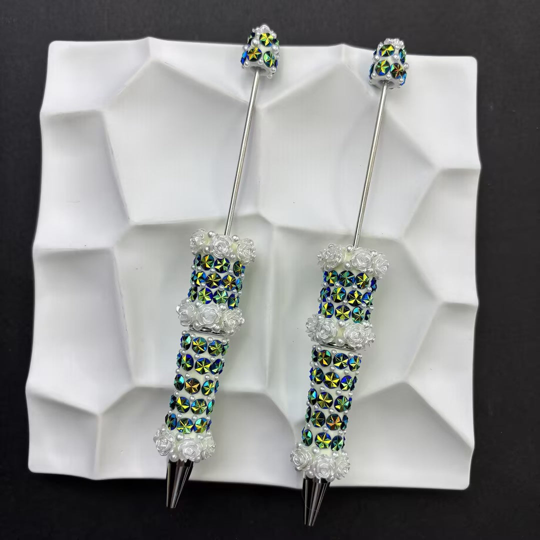 Sparkling Crystal Rhinestone Beaded Pens – Handcrafted White Rose & AB Crystal Luxury Ballpoint Pen Set, Elegant Glam Gift