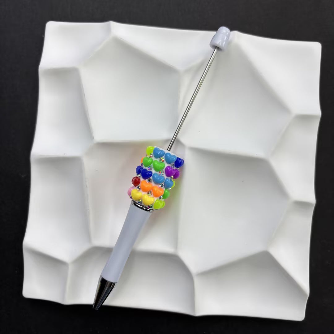 Colorful Rainbow Heart Beaded Pen – Handcrafted Rhinestone Heart Ballpoint Pen, Cute Aesthetic Vibrant Stationery Gift