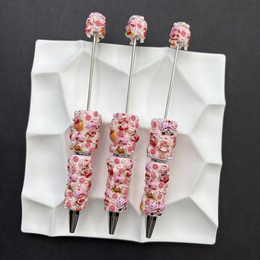Handcrafted Strawberry Girl Beaded Pens – Cute Sweet Pink Cottagecore Ballpoint Pens with Pearl Accents, Aesthetic Kawaii Gift Set