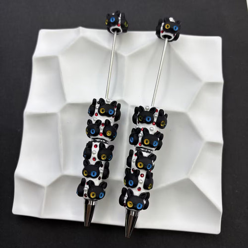 Handcrafted Odd-Eyed Black Cat Beaded Pens – Cute Gothic Heterochromia Kitty Ballpoint Pens with Rhinestone Accents, Unique Cat Lover Gift