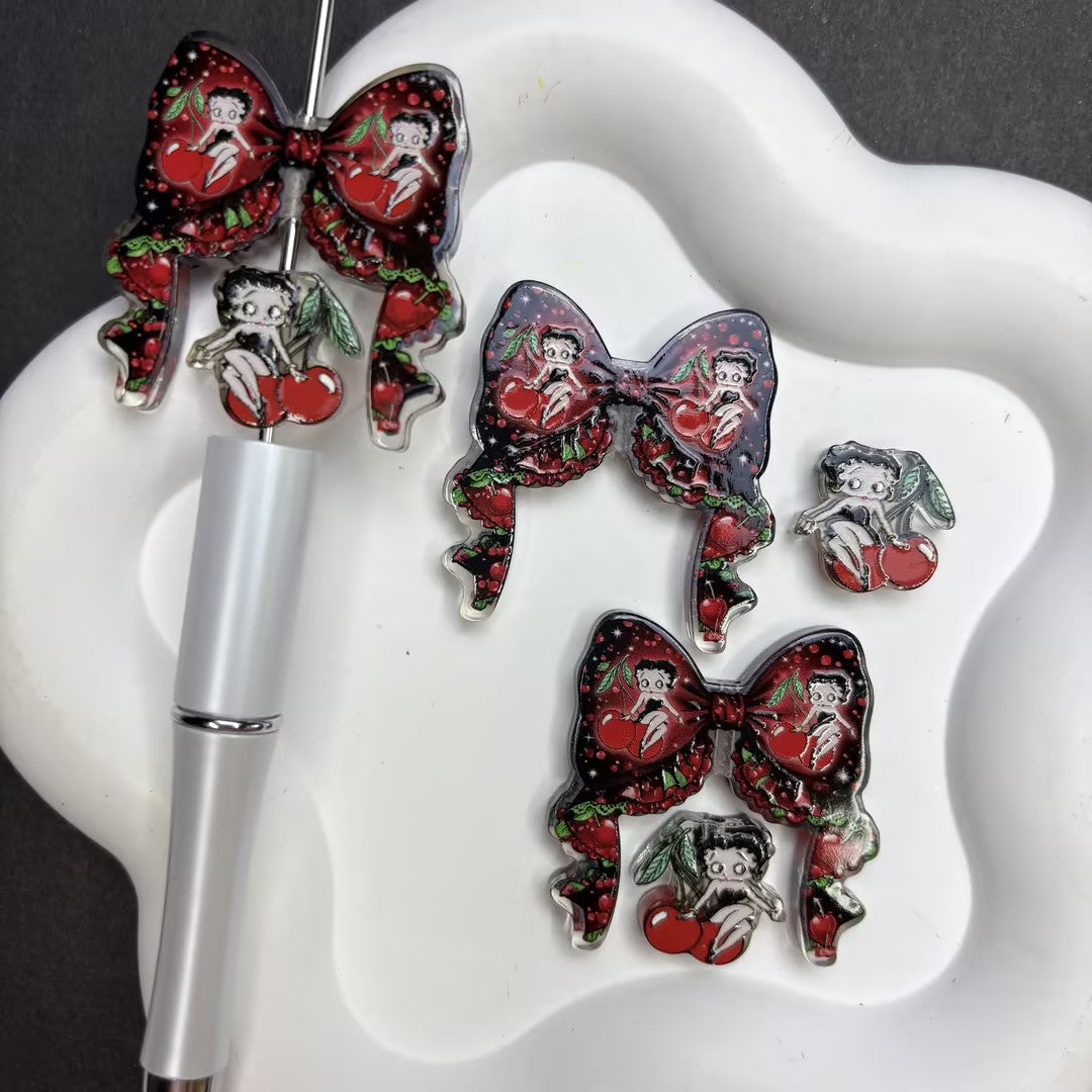 Vintage Pin-Up Girl Diamond Painting Pen & Cover Minder Set | Cherry Bow Acrylic Craft Accessories