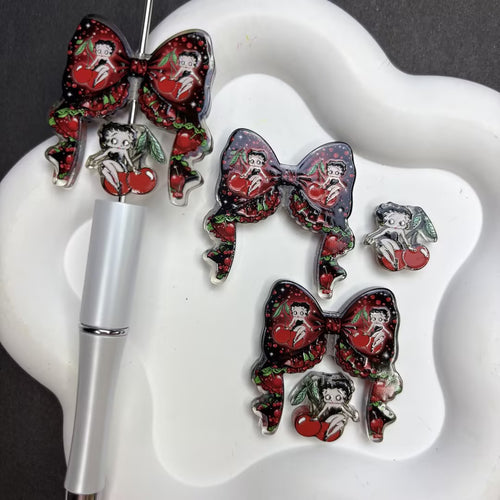 Vintage Pin-Up Girl Diamond Painting Pen & Cover Minder Set | Cherry Bow Acrylic Craft Accessories