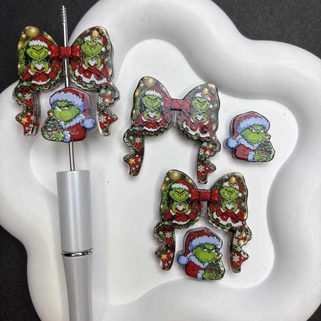 Mischievous Green Monster Holiday Bow Diamond Painting Accessories Set | Acrylic Pen Topper & Cover Minder Collection