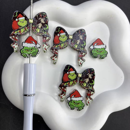Mischievous Green Monster Holiday Bow Diamond Painting Accessories Set | Acrylic Pen Topper & Cover Minder Collection