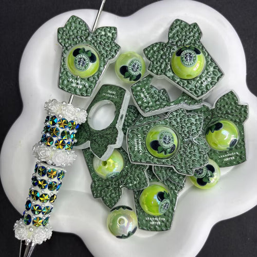 Green Coffee Cup Studded Acrylic Beadable Focal Frames | 3D Texture Tumbler Cutout Beads for Beadable Pens, Keychains & DIY Crafting