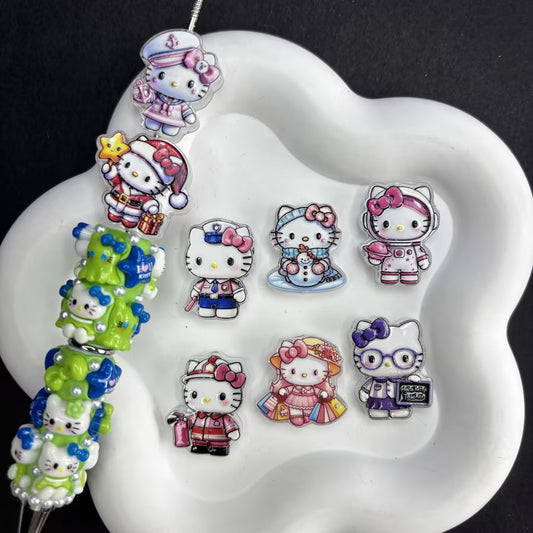 Kawaii Cartoon Bow Cat Dress-Up Acrylic Focal Beads Mix | Career & Holiday Kitten Charms for DIY Beadable Pens & Keychain Supplies