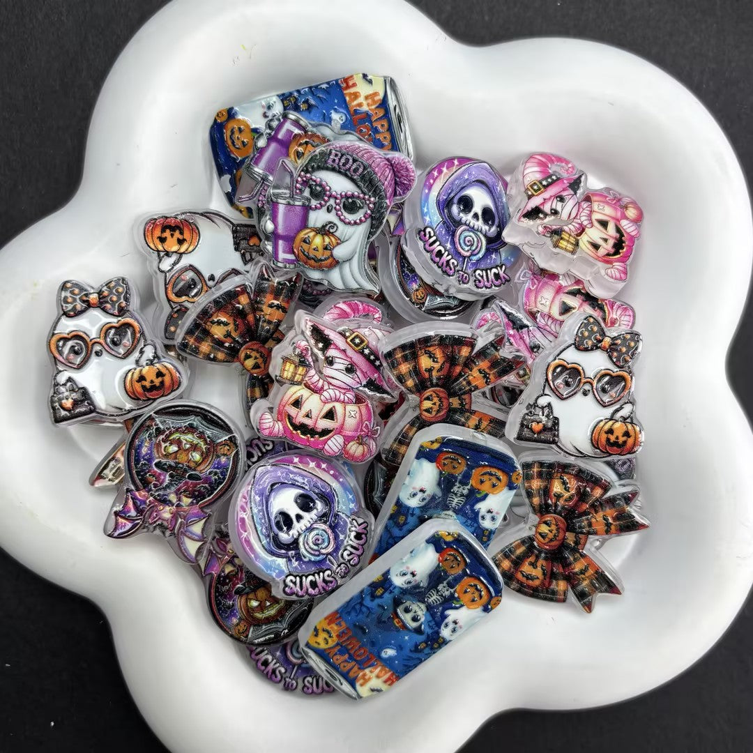 Halloween Acrylic Focal Beads Assortment | Cartoon Ghost, Witch, Soda Can & Skull Charms for DIY Beadable Pens & Keychain Supplies
