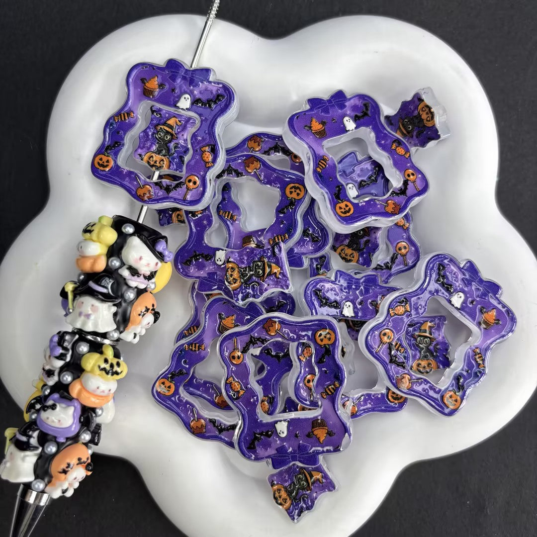 Halloween Purple Mirror Frame Acrylic Focal Beads & Center Charms | Spooky Black Cat, Ghost & Pumpkin Cutout Frames for Beadable Pens & Keychains