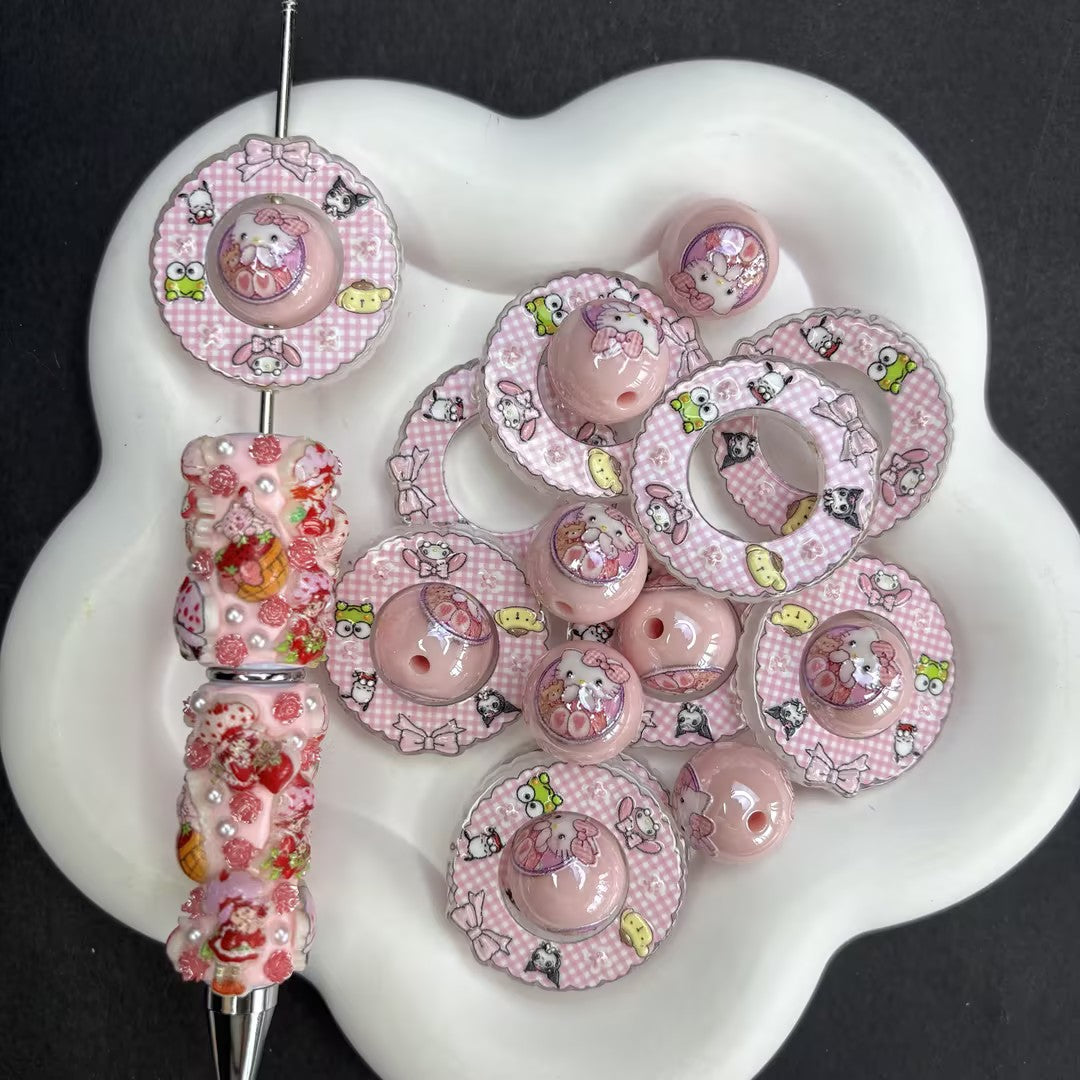 Pastel Pink Gingham Round Donut Acrylic Focal Frame Charms | 2-Piece Nesting Cutout Center Beads for DIY Beadable Pens & Keychain Supplies