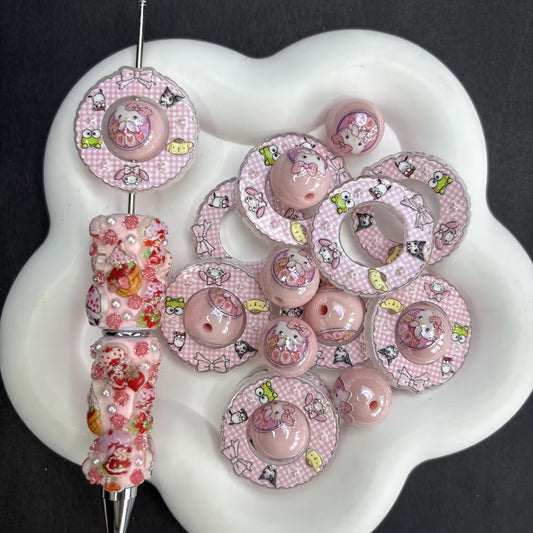 Pastel Pink Gingham Round Donut Acrylic Focal Frame Charms | 2-Piece Nesting Cutout Center Beads for DIY Beadable Pens & Keychain Supplies