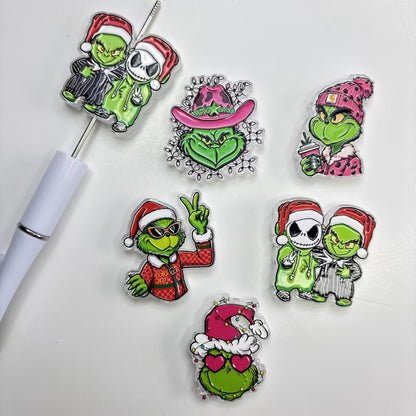 Holiday Green Monster Acrylic Focal Beads – Festive Christmas Character Charms for DIY Beadable Pens, Keychains & Holiday Gifts
