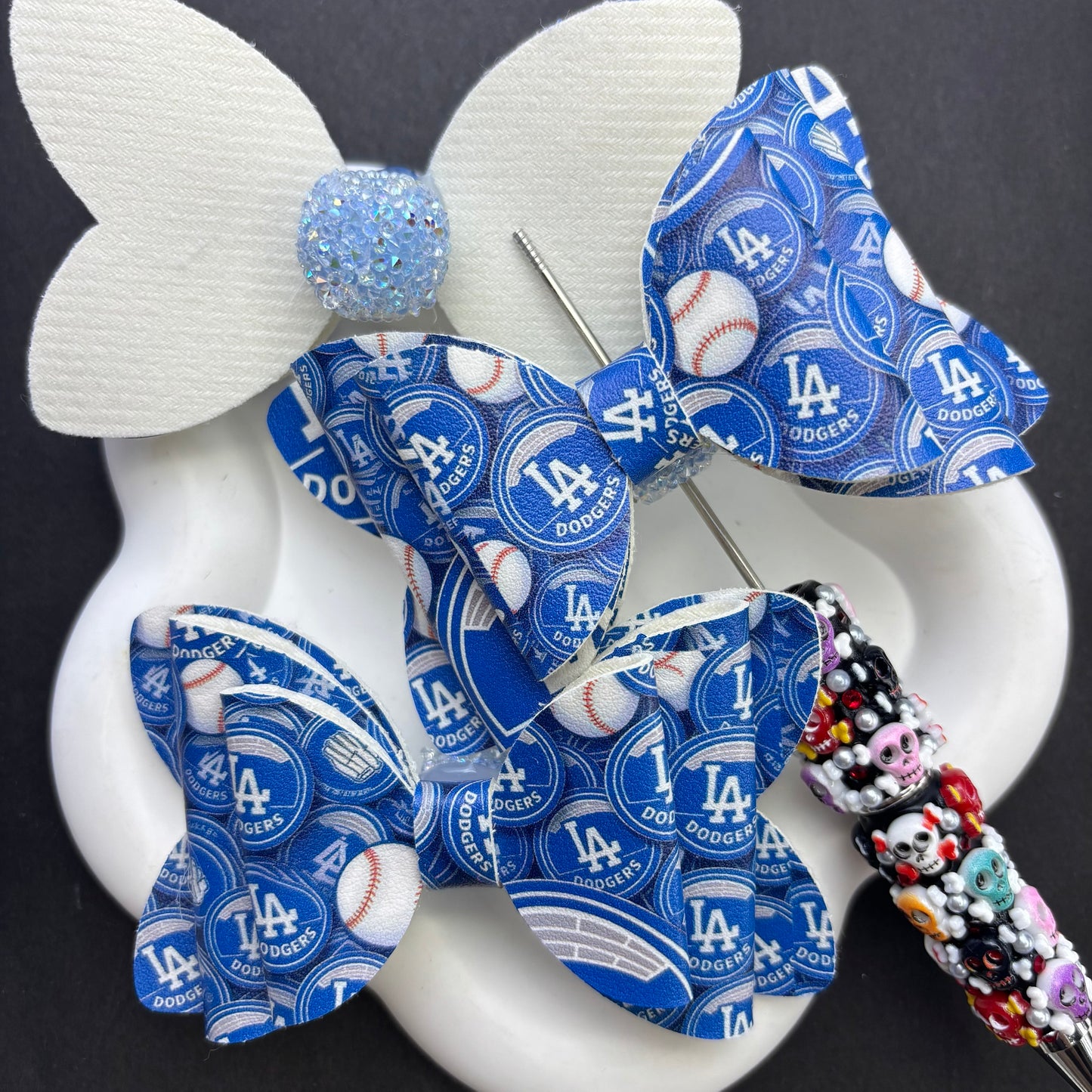 LA Dodgers Baseball Faux Leather Bows for Beadable Pens | Blue & White Baseball Team Spirit Bow Topper for DIY Crafts