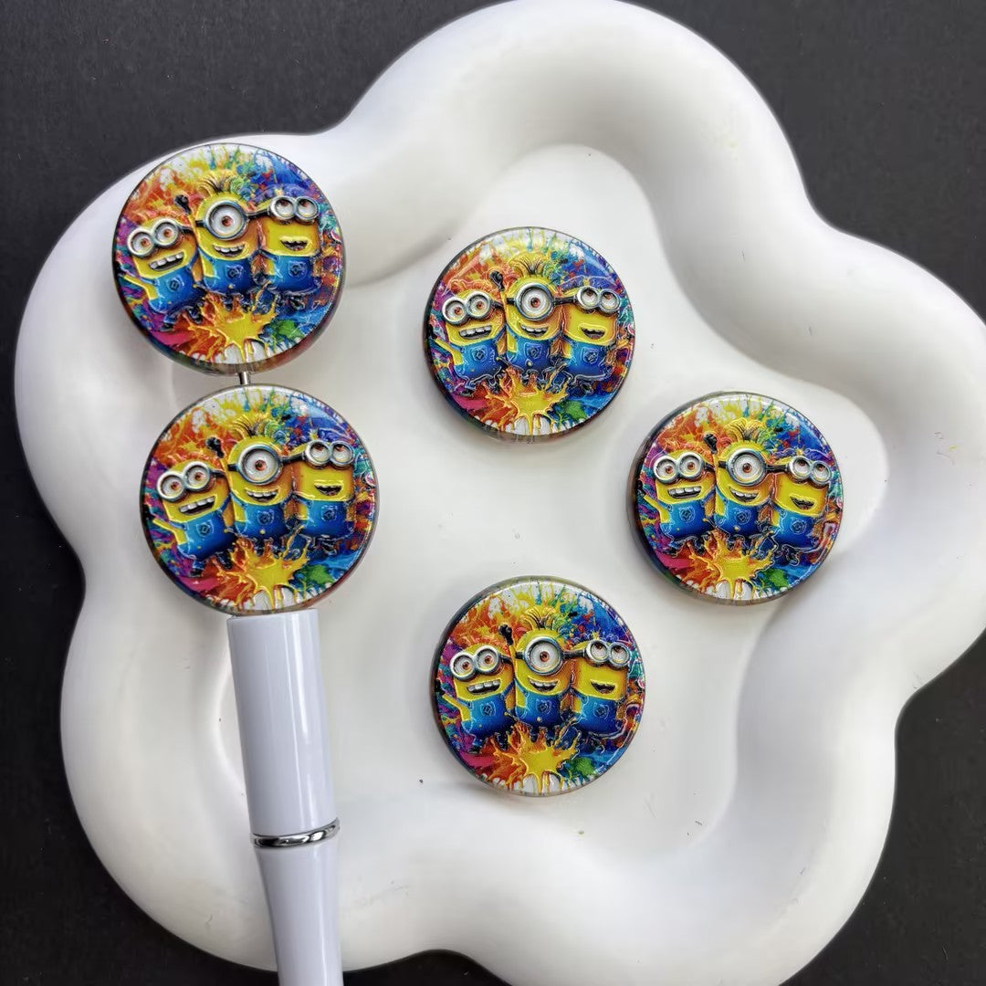 Cartoon Yellow Friends Round Silicone Focal Beads | Colorful Splatter Art Focal Bead for Beadable Pens, Keychains & DIY Crafts