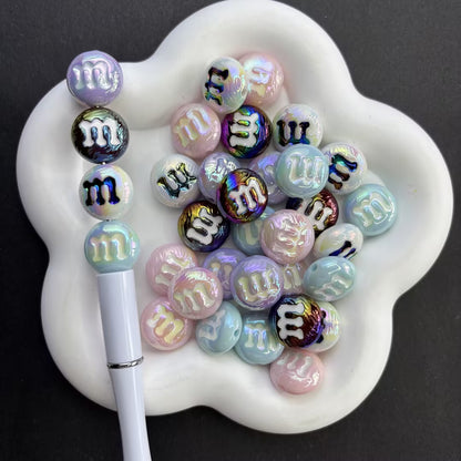 Iridescent AB Letter "M" Round Beads | Shimmer Pearl Acrylic Candy Spacer Beads for Beadable Pens, Keychains & DIY Jewelry Making