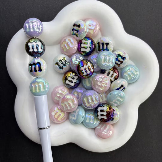 Iridescent AB Letter "M" Round Beads | Shimmer Pearl Acrylic Candy Spacer Beads for Beadable Pens, Keychains & DIY Jewelry Making