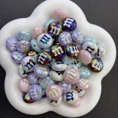 Iridescent AB Letter "M" Round Beads | Shimmer Pearl Acrylic Candy Spacer Beads for Beadable Pens, Keychains & DIY Jewelry Making