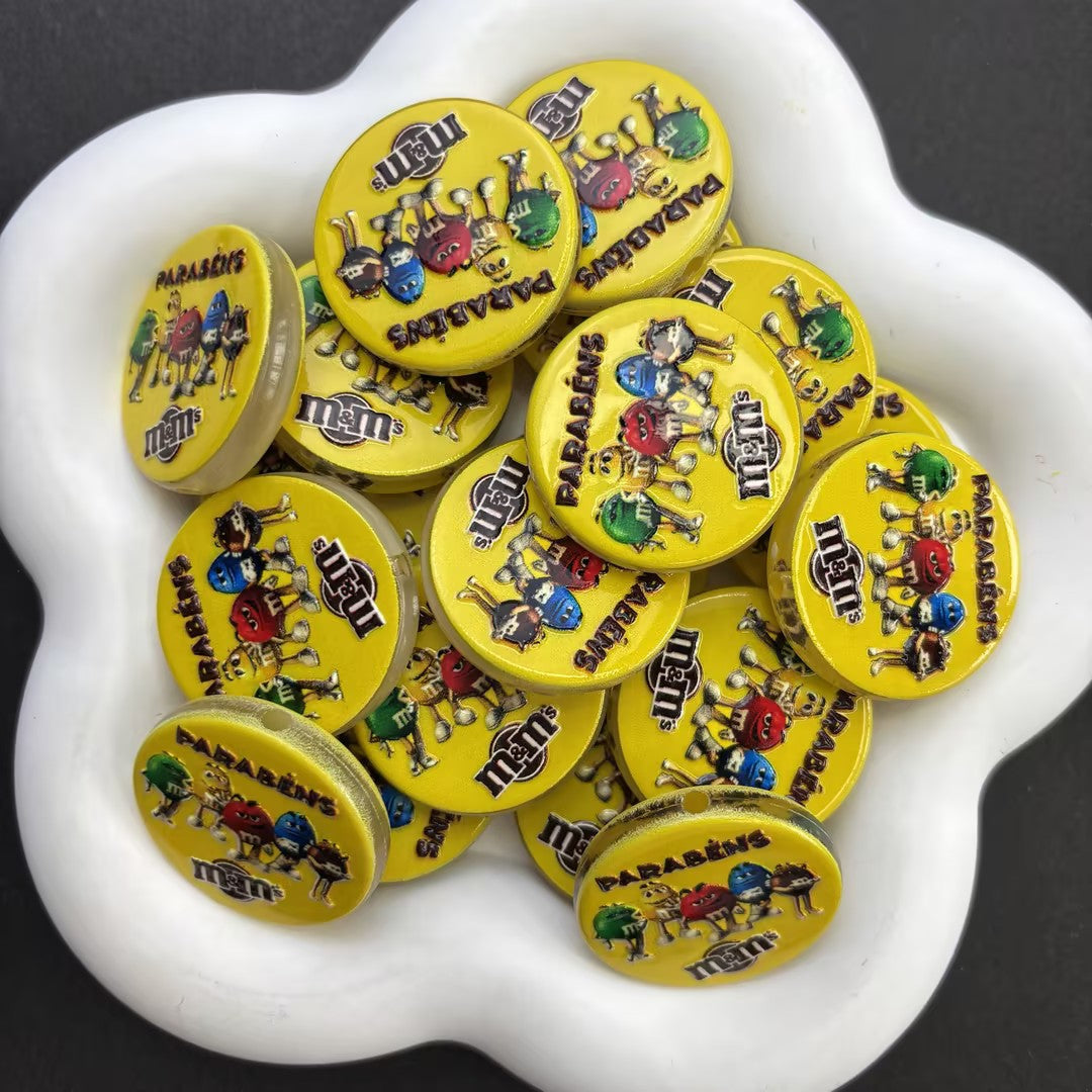 Colorful Chocolate Candy Characters Silicone Focal Bead | Yellow Round Birthday "Parabéns" Focal Charm for Beadable Pens & DIY Crafts