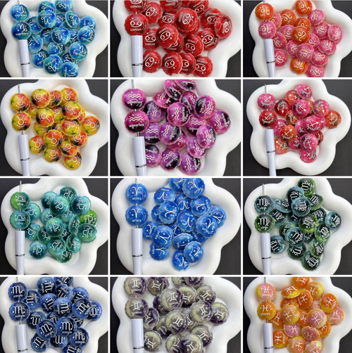 12 Zodiac Sign Printed Bubble Beads – Colorful Galaxy Marbled Acrylic Beads for Beaded Pens, Keychains & DIY Jewelry Making
