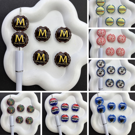Novelty Bottle Cap & Snack Theme Acrylic Focal Beads – Fun Drink, Coffee & Soda Logo Beads for Beaded Pens, Keychains & DIY Crafts