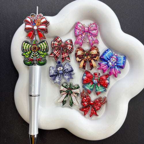 Christmas Ribbon Bow Focal Beads Set for Beadable Pens – Pink Gingerbread, Reindeer, Santa & Snowman Coquette DIY Charms