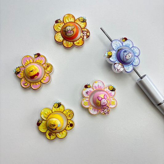Cute Flower Frame Acrylic Focal Bead Set for Beadable Pens, 2-Piece Bee Floral Printed Beads for DIY Keychain & Pen Making Supplies