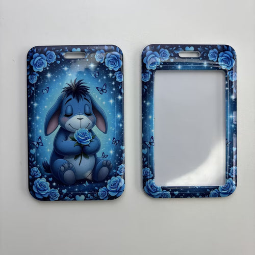 Cute Blue Donkey & Floral Rose Hard Plastic ID Badge Holder | Sliding Card Sleeve for Lanyard, Keys & Badges