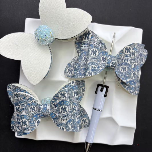 New York Baseball Spirit Bow Topper for Beaded Pens | Faux Leather Butterfly Bow Pen Charm for DIY Crafts & Planners